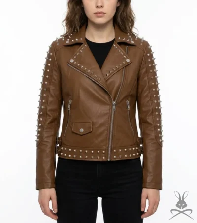 Womens Brown Studded Leather Biker Jacket