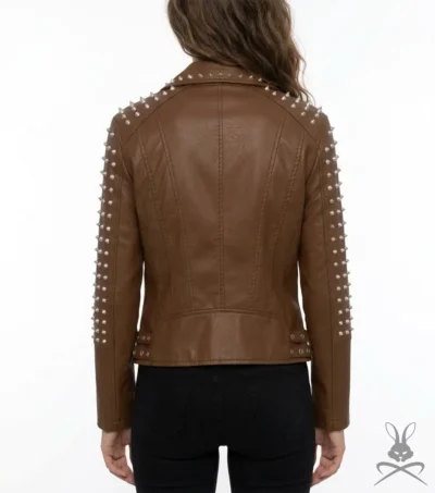 Womens Brown Studded Leather Biker Jacket back