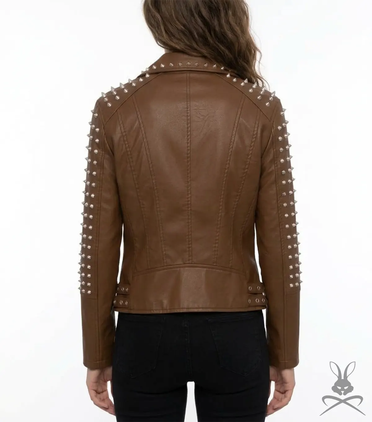 Womens Brown Studded Leather Biker Jacket back