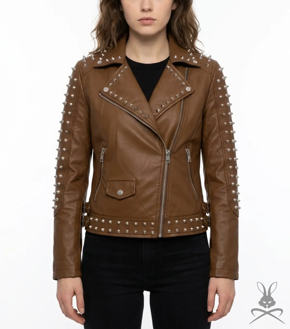 Womens Brown Studded Leather Biker Jacket