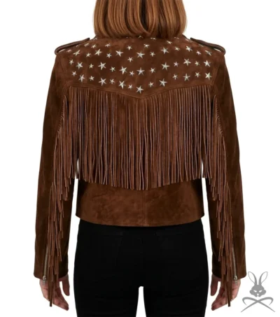 Womens Brown Suede Fringe Biker Jacket back