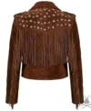 Womens Brown Suede Fringe Biker Jacket back view