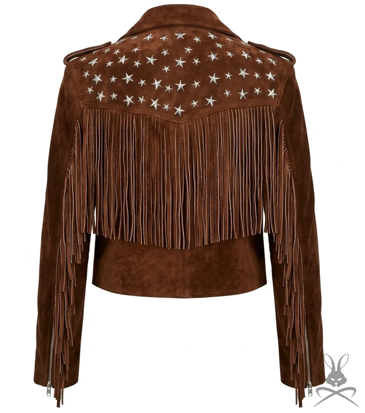 Womens Brown Suede Fringe Biker Jacket back view