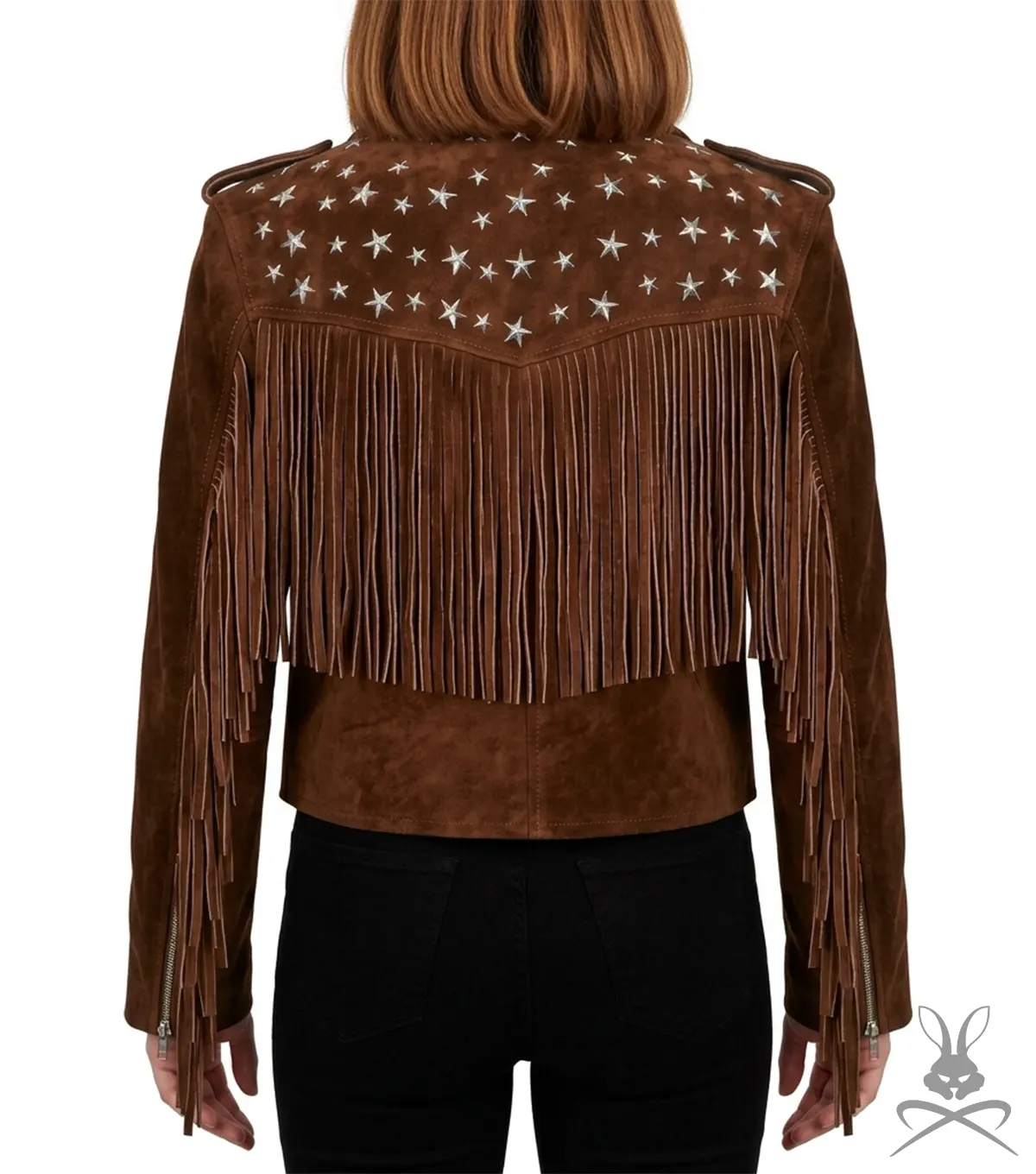 Womens Brown Suede Fringe Biker Jacket back