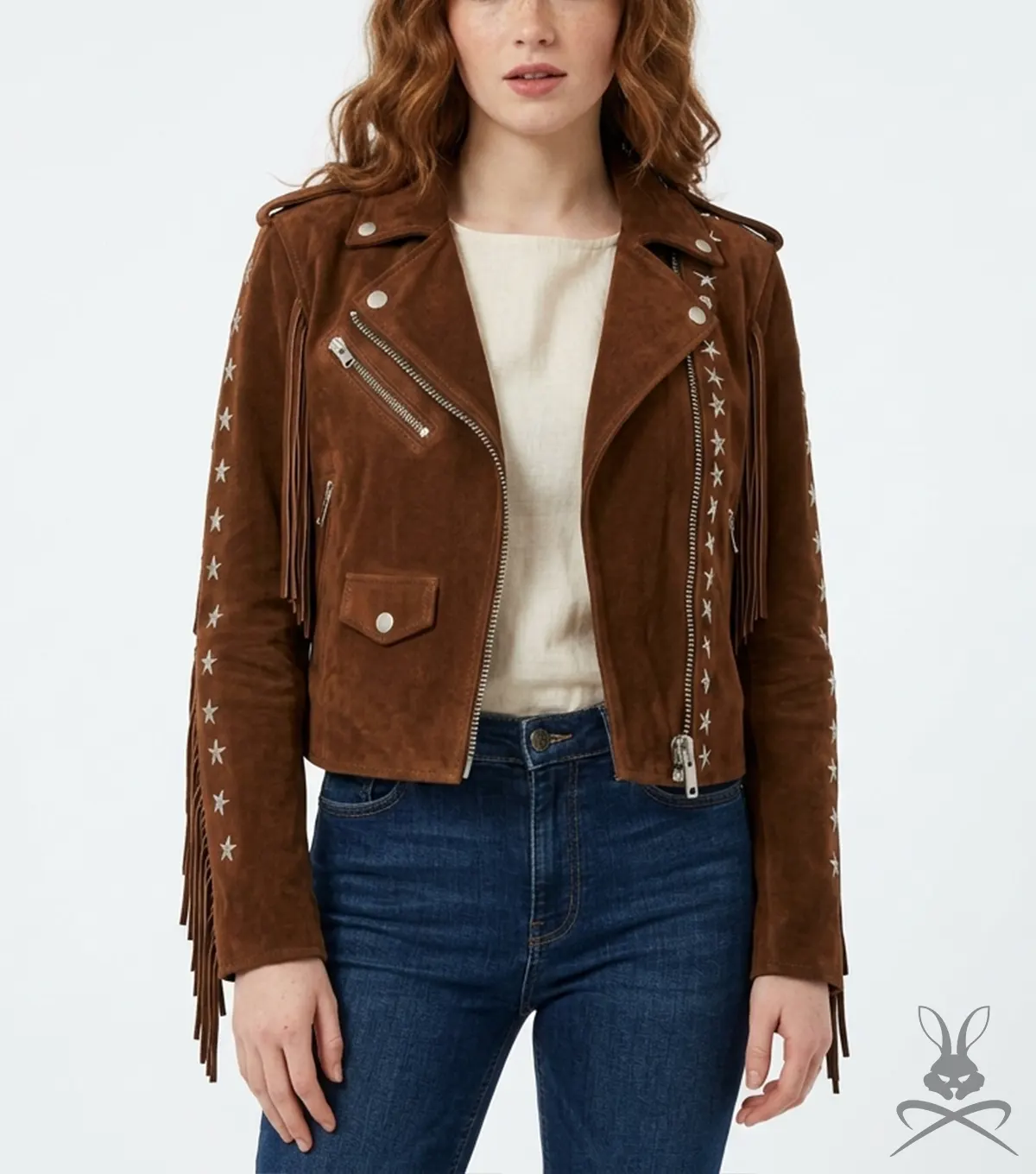 Womens Brown Suede Fringe Biker Jacket