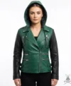 Womens Green Hoodie Genuine Leather Biker Jacket with Black Sleeves