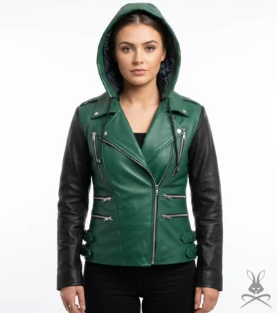 Womens Green Hoodie Genuine Leather Biker Jacket with Black Sleeves