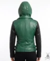 Womens Green Hoodie Genuine Leather Biker Jacket with Black Sleeves back
