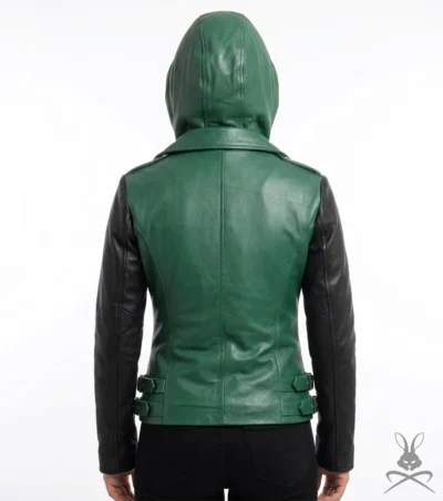 Womens Green Hoodie Genuine Leather Biker Jacket with Black Sleeves back