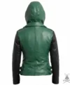 Womens Green Hoodie Genuine Leather Biker Jacket with Black Sleeves back view