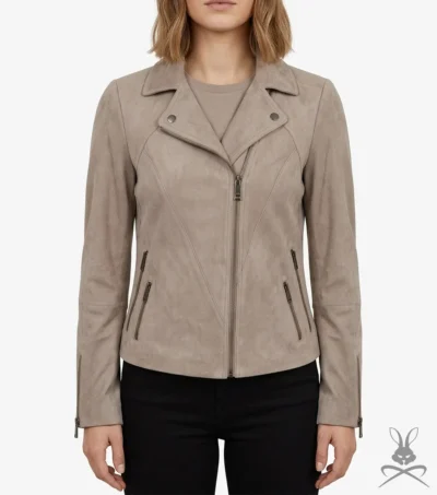 Womens Izzy Grey Taupe Suede Moto Jacket