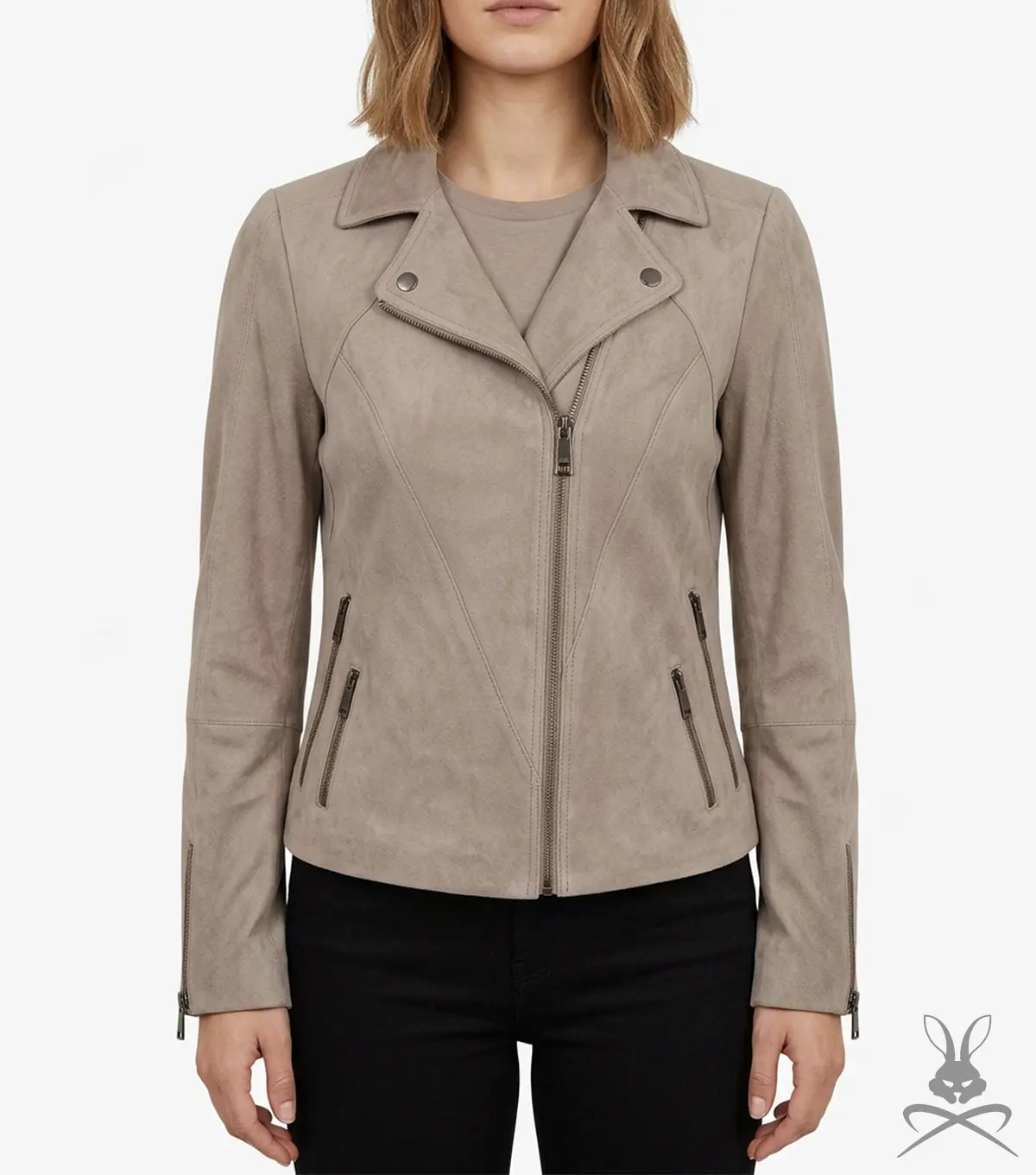 Womens Izzy Grey Taupe Suede Moto Jacket