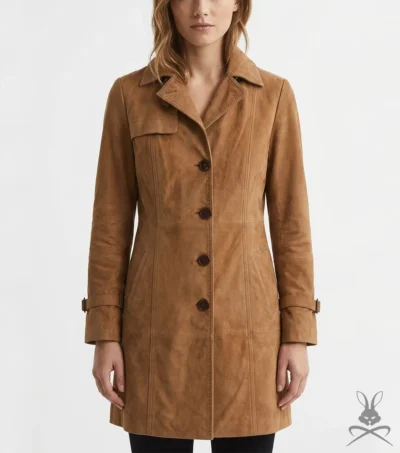 Mia Tobacco Suede Leather Trench Coat