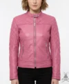 Womens Pink Quilted Genuine Leather Racer Jacket