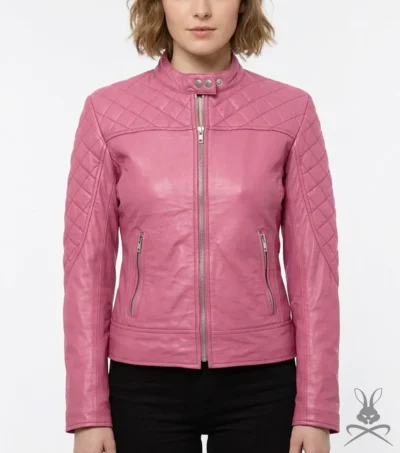 Womens Pink Quilted Genuine Leather Racer Jacket