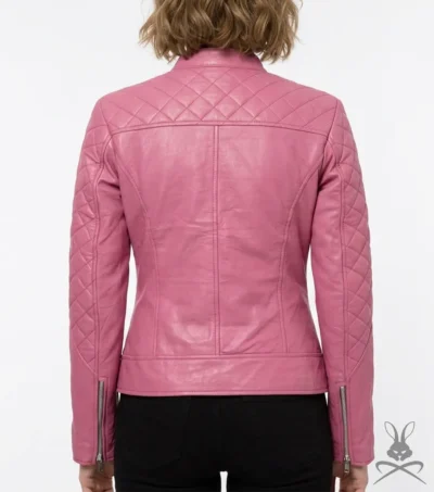 Womens Pink Quilted Genuine Leather Racer Jacket back
