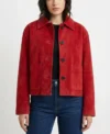 Womens Red Cropped Boxy Suede Leather Jacket