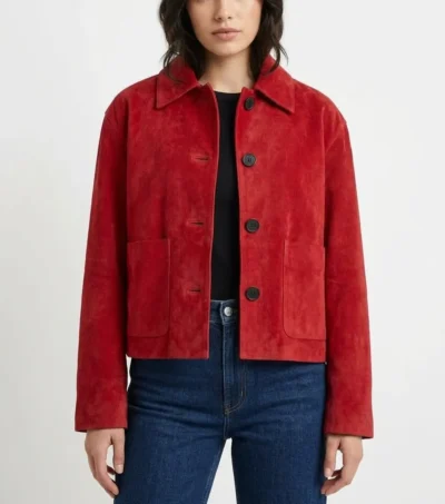 Womens Red Cropped Boxy Suede Leather Jacket
