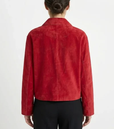 Womens Red Cropped Boxy Suede Leather Jacket back