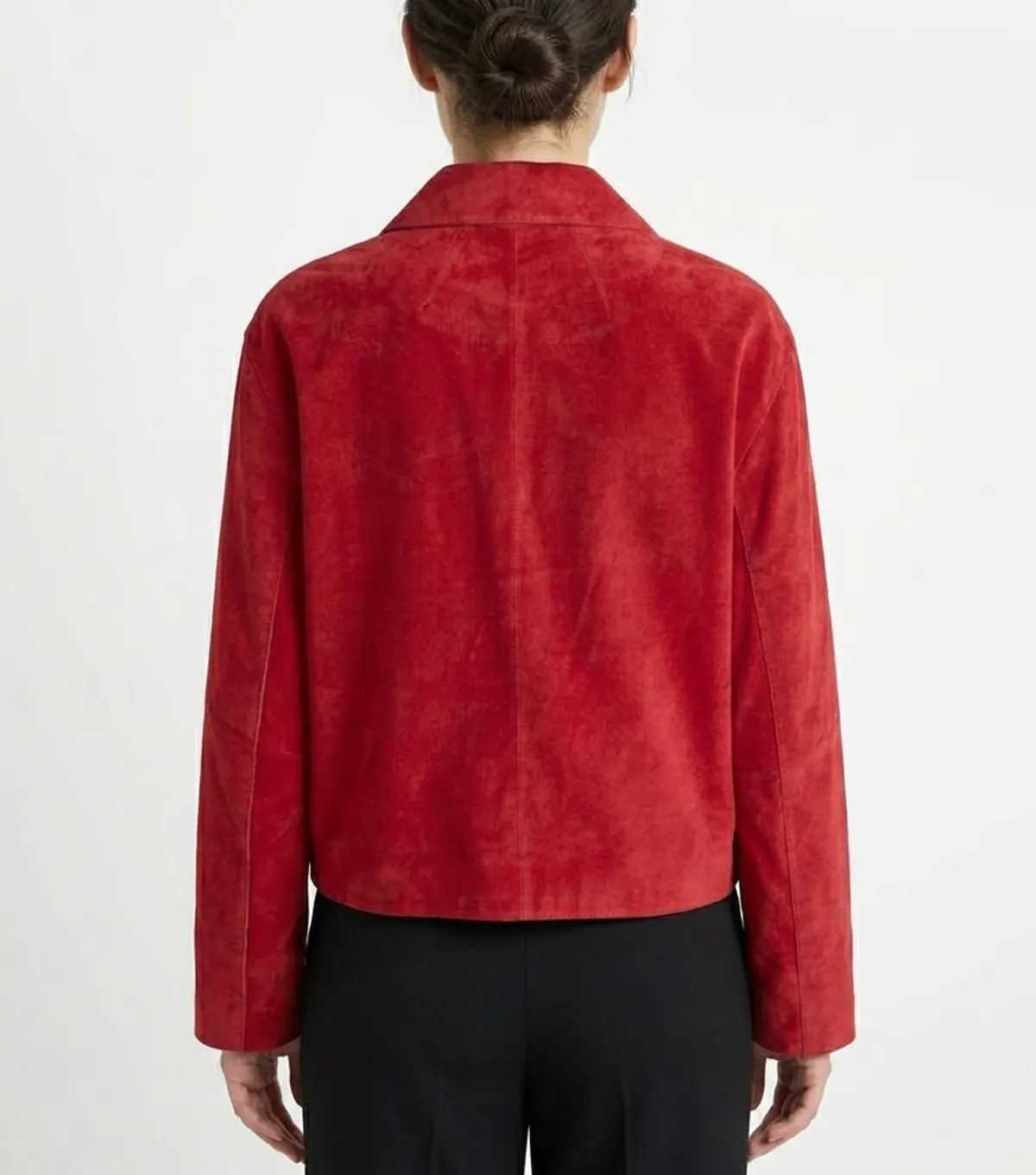 Womens Red Cropped Boxy Suede Leather Jacket back