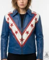 Womens Stegaro Blue Red Star and Stripes Racing Premium Genuine Leather Jacket