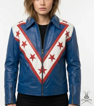 Womens Stegaro Blue Red Star and Stripes Racing Premium Genuine Leather Jacket