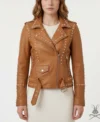 Womens Tan Studded Leather Biker Jacket