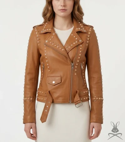Womens Tan Studded Leather Biker Jacket