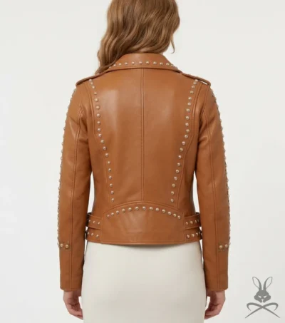Womens Tan Studded Leather Biker Jacket back