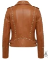 Womens Tan Studded Leather Biker Jacket back pose