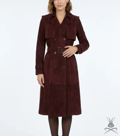 Womens Trinity burgundy Suede Leather Trench Coat