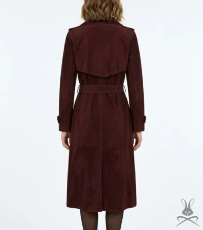 Womens Trinity burgundy Suede Leather Trench Coat back