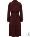 Womens Trinity burgundy Suede Leather Trench Coat back view