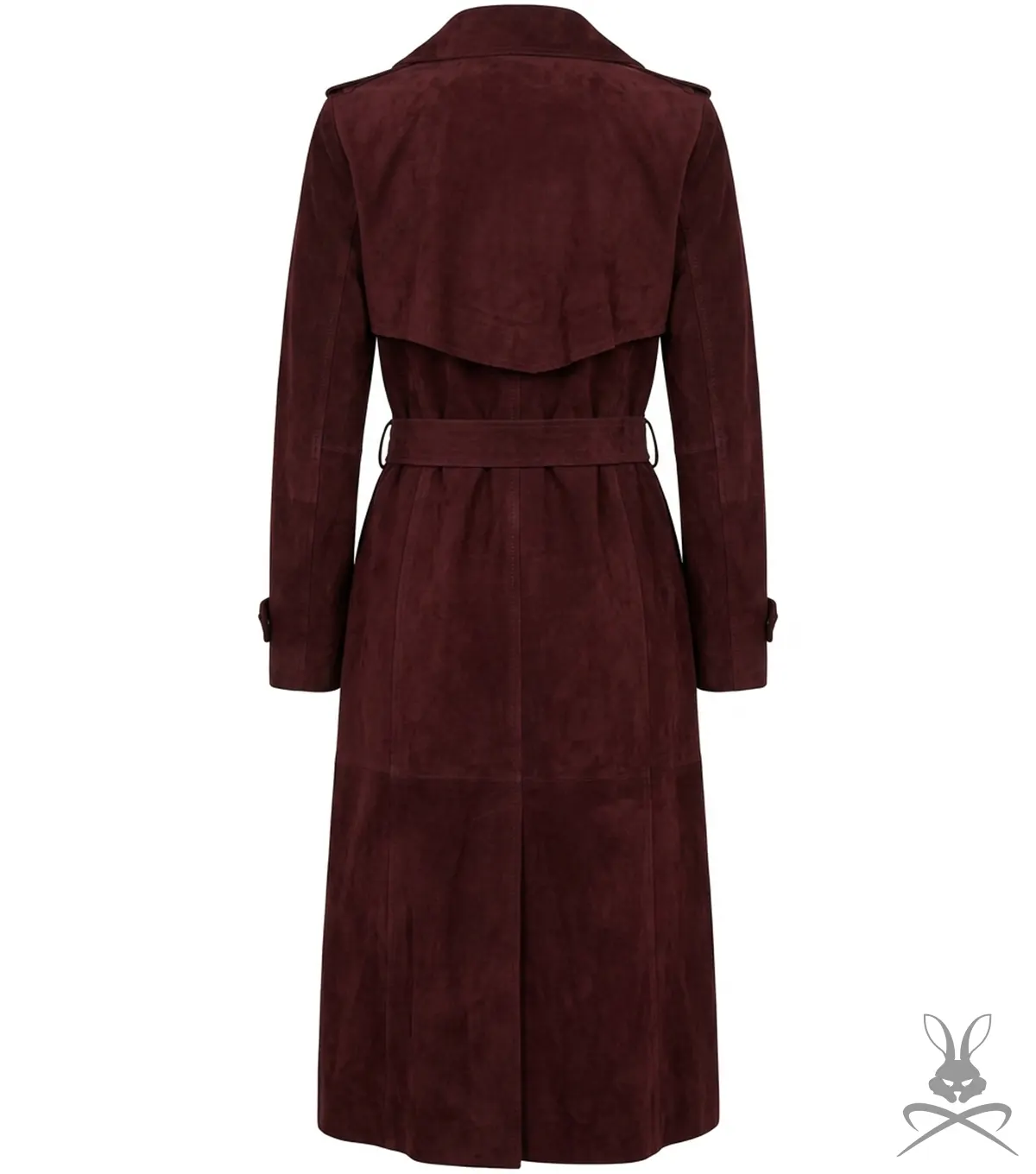 Womens Trinity burgundy Suede Leather Trench Coat back view