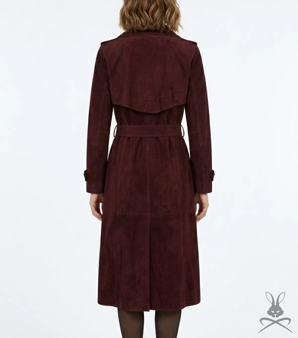 Womens Trinity burgundy Suede Leather Trench Coat back