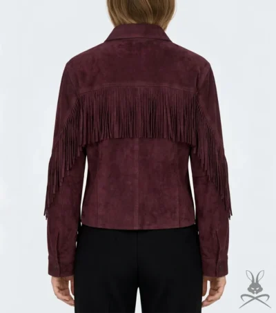 Womens Wine Suede Leather Jacket with Western Fringe back