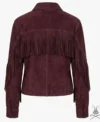 Womens Wine Suede Leather Jacket with Western Fringe back view