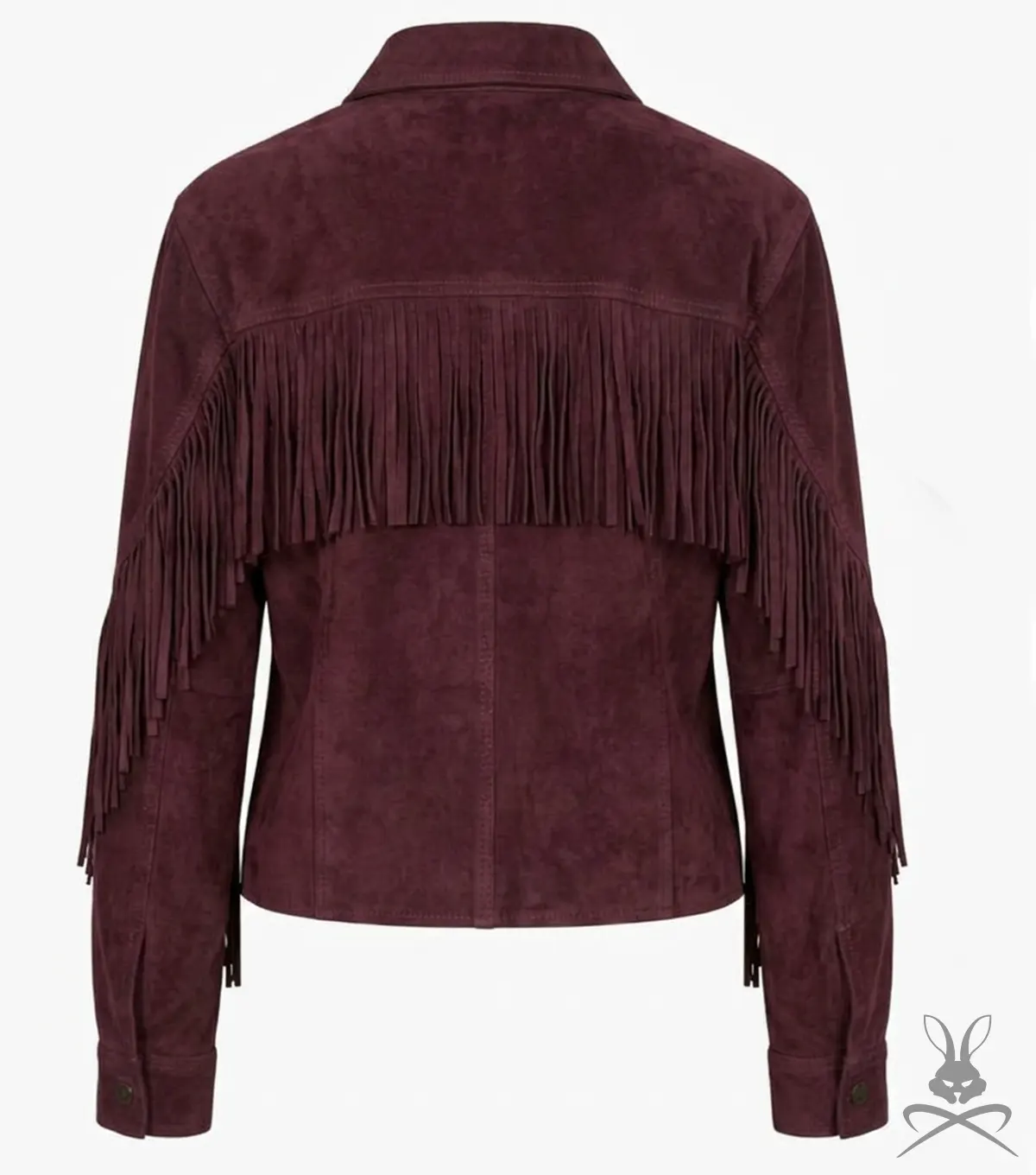 Womens Wine Suede Leather Jacket with Western Fringe back view