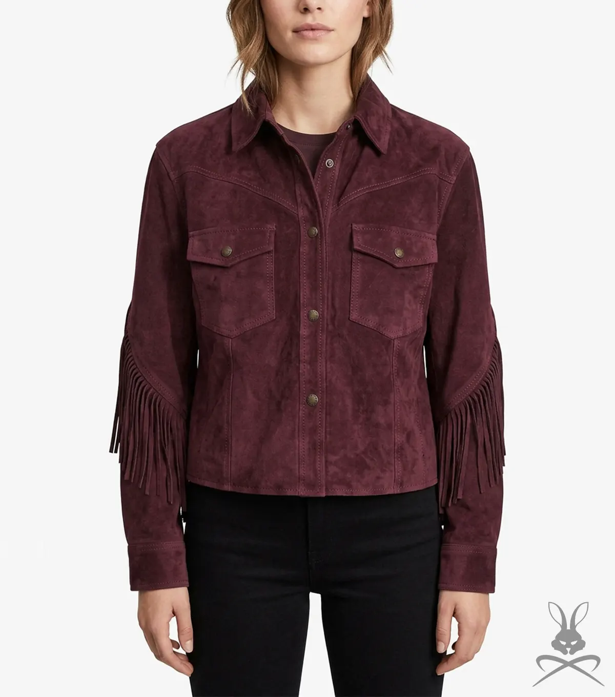 Womens Wine Suede Leather Jacket with Western Fringe