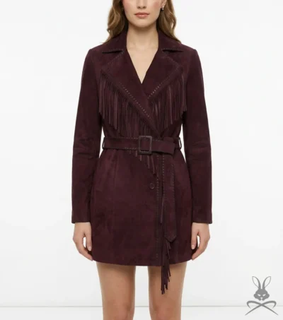 Womens Wynn Burgundy Suede Fringe Leather Coat